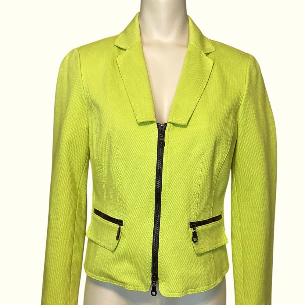 WORTH sz 2 Blazer Jacket 2 Way Front Zipper Pockets V Neck Unlined Chartreuse